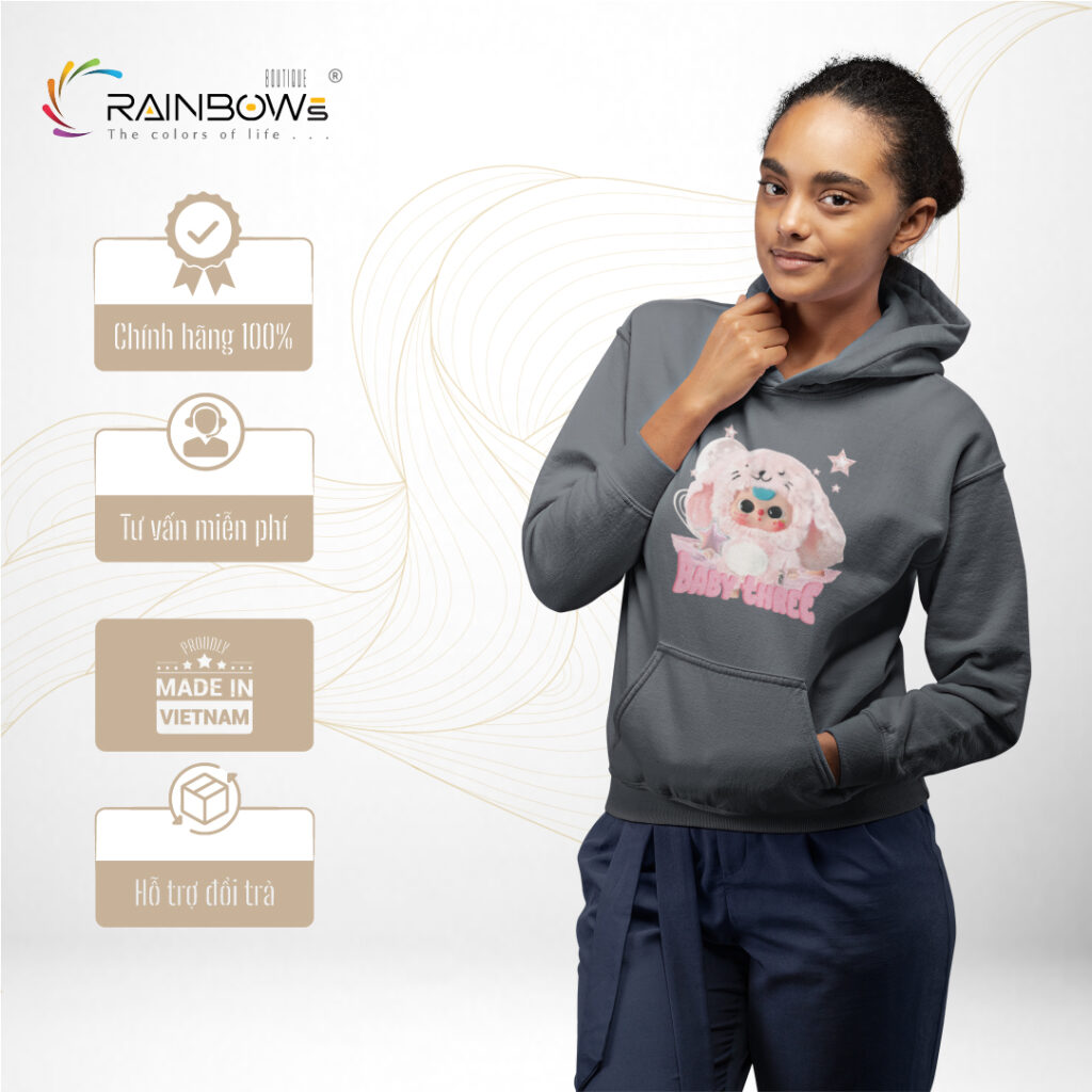 hoodie trắng họa tiết gấu hồng