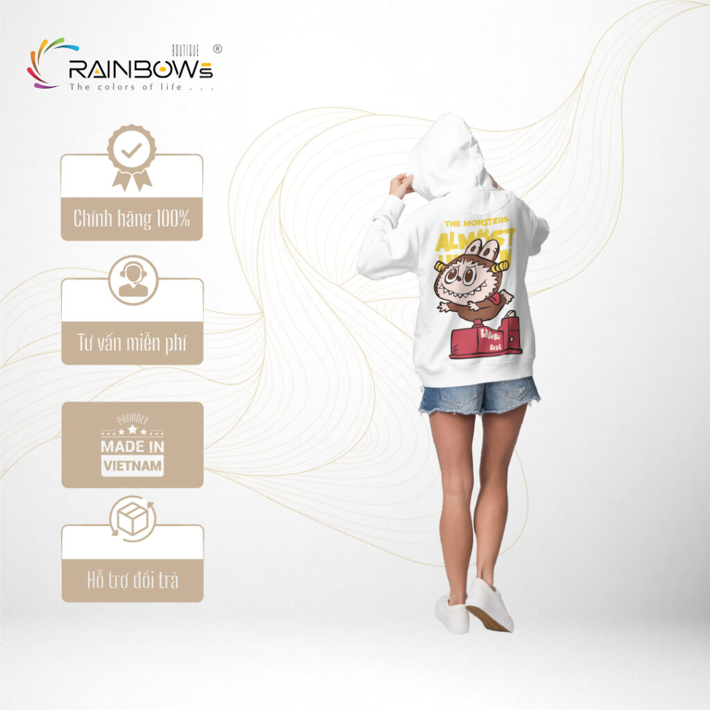 áo hoodie trắng in hình labubu đẹp