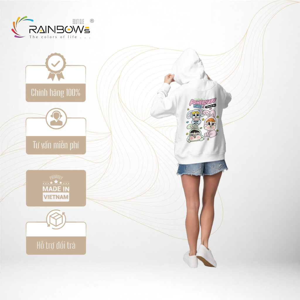 áo hoodie trắng in hình cực dễ thương