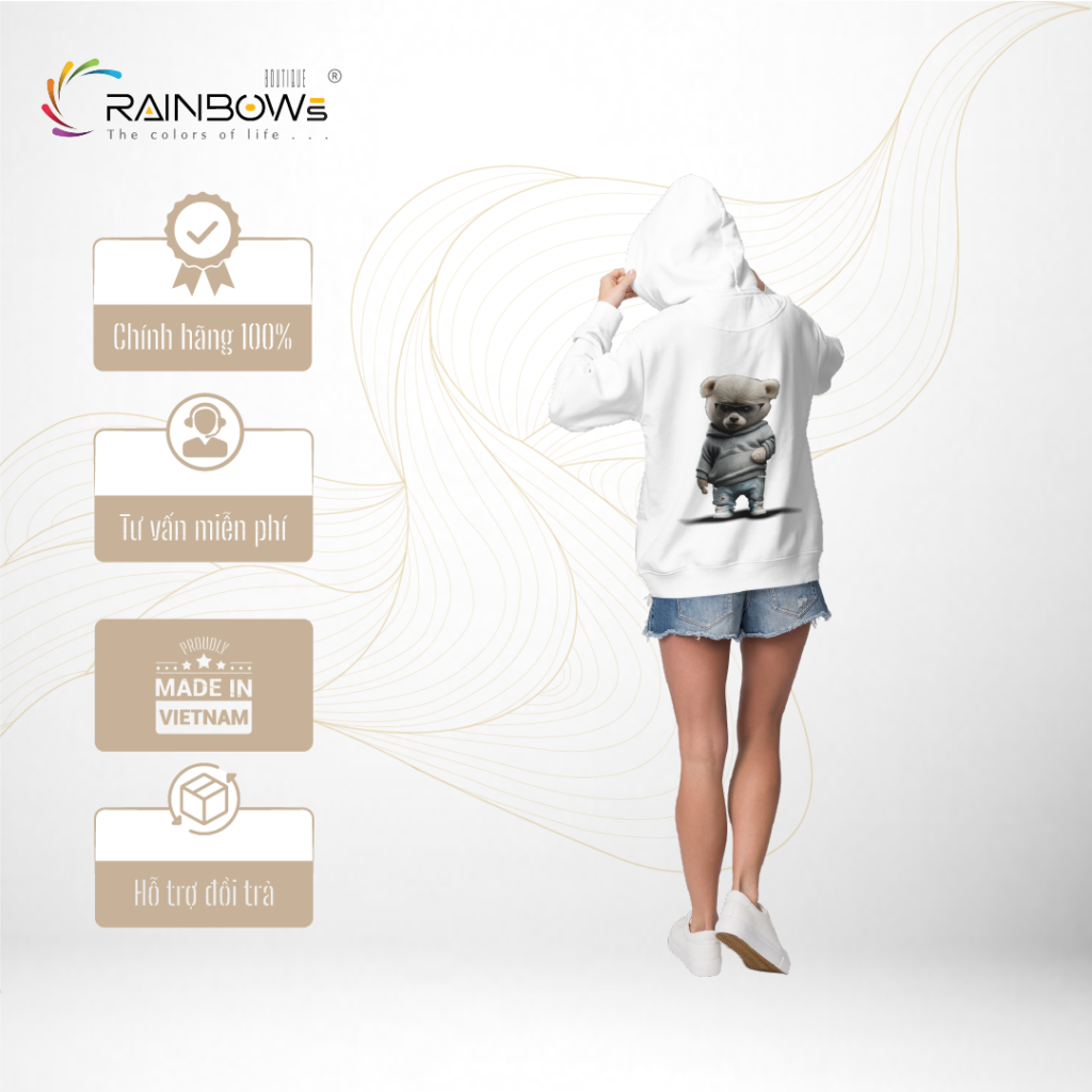 áo hoodie trắng in hình gấu bear đơn giản nhẹ nhàng