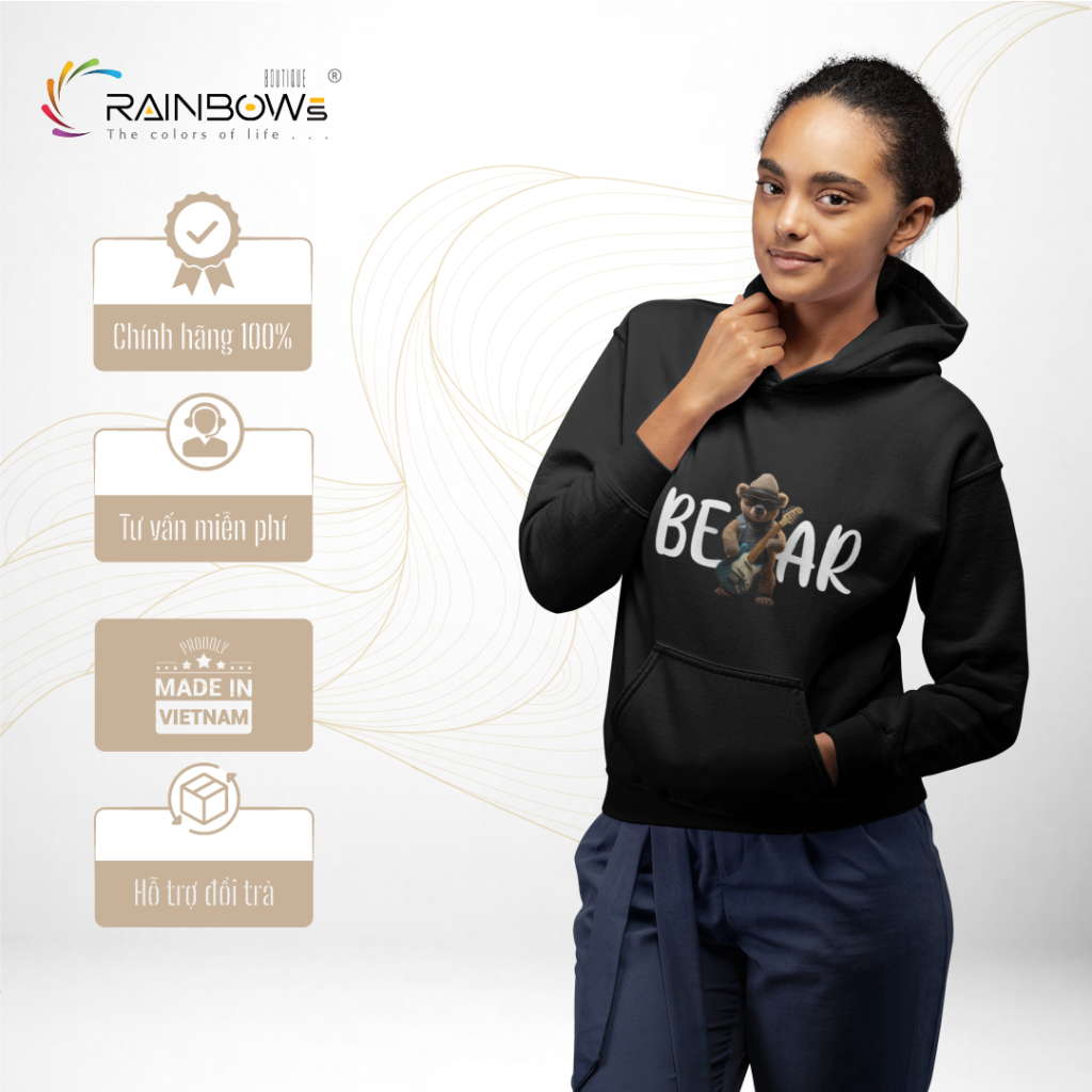 áo hoodie đen in hình gấu bear chơi đàn
