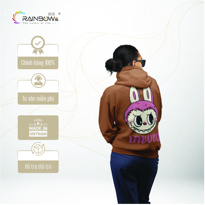 áo hoodie nâu in hình labubu siêu đẹp